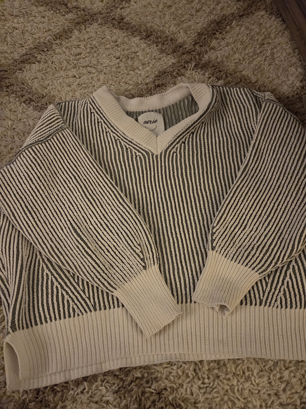 aerie Cream and Black Striped V-Neck Sweater